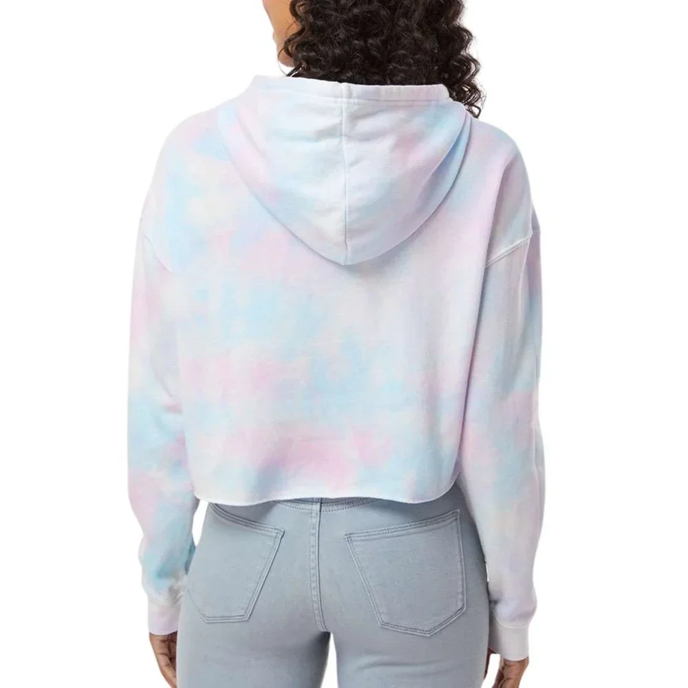Women’s Crop Hooded Sweatshirt Tie Dyed Hooded Candy Pink & Blue Colors Cotton - Picture 3 of 5
